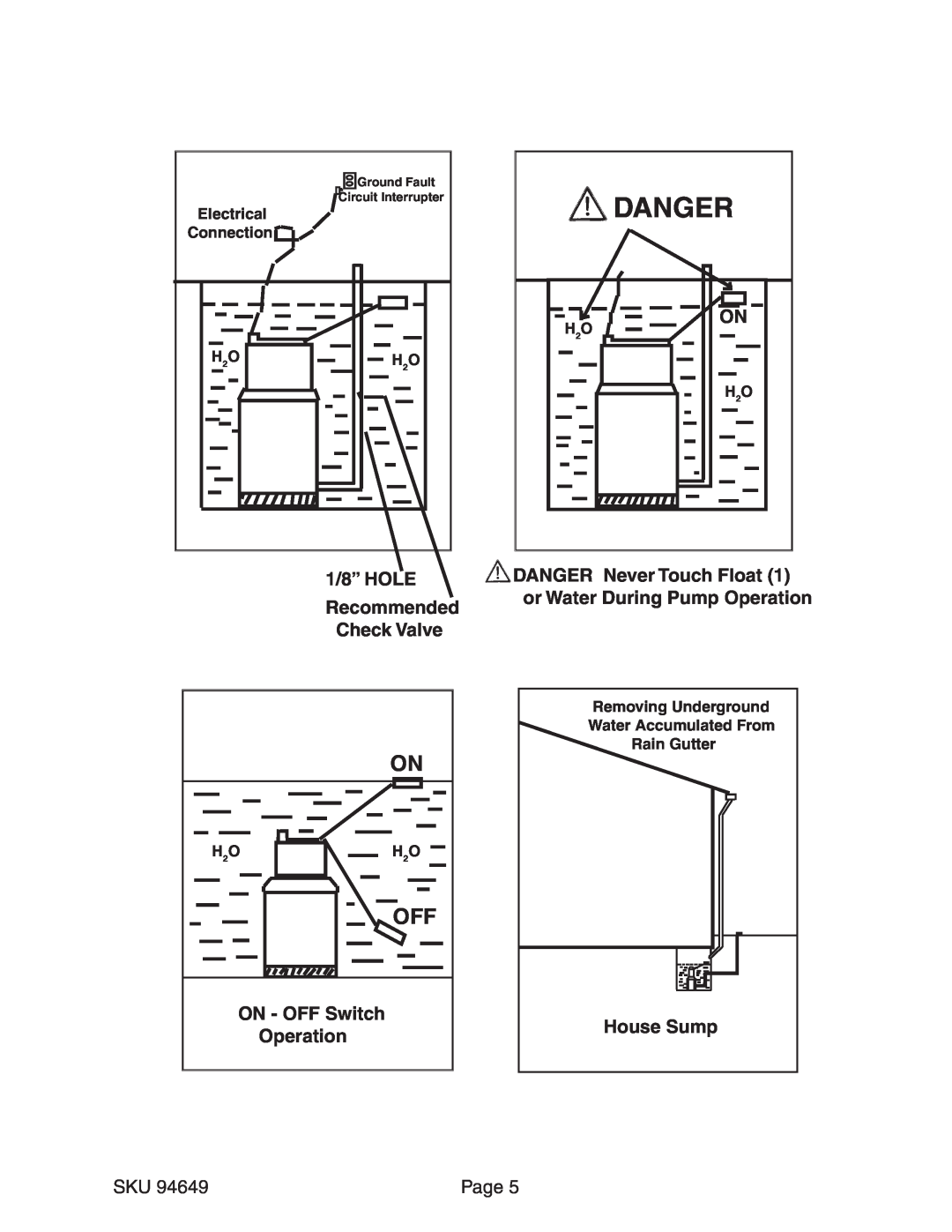 Chicago Electric 94649 Danger, Recommended, Check Valve, Page, Electrical, Connection, H 2O, Removing Underground 