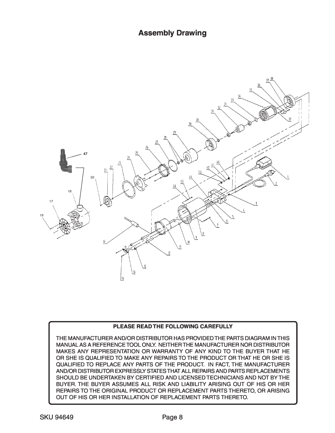 Chicago Electric 94649 operating instructions Assembly Drawing, Page, Please Read The Following Carefully 