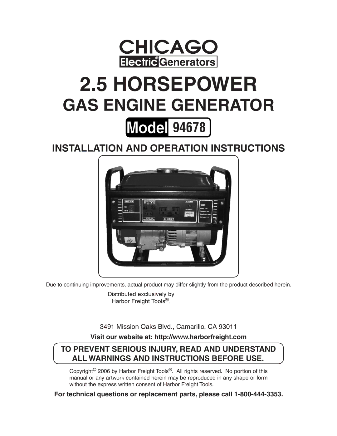 Chicago Electric 94678 manual Horsepower, For technical questions or replacement parts, please call 