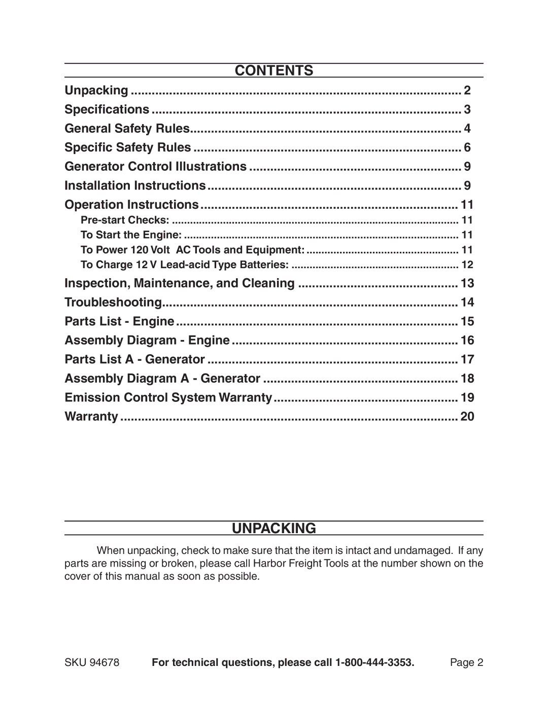 Chicago Electric 94678 manual Contents, Unpacking 