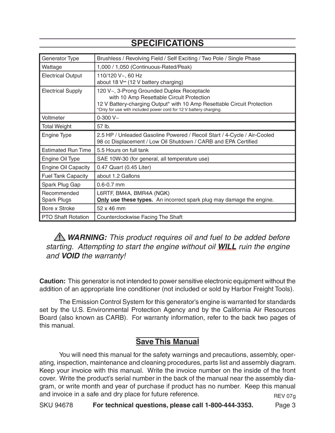 Chicago Electric manual Specifications, Save This Manual, SKU 94678 For technical questions, please call 