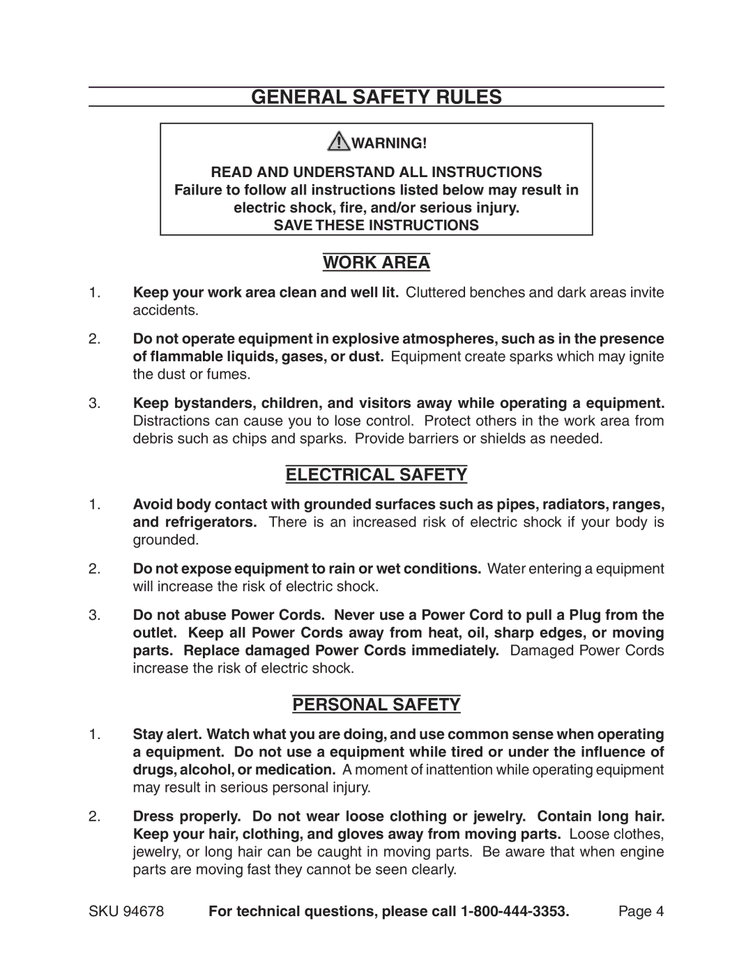 Chicago Electric 94678 manual General Safety Rules, Work Area, Electrical Safety, Personal Safety 