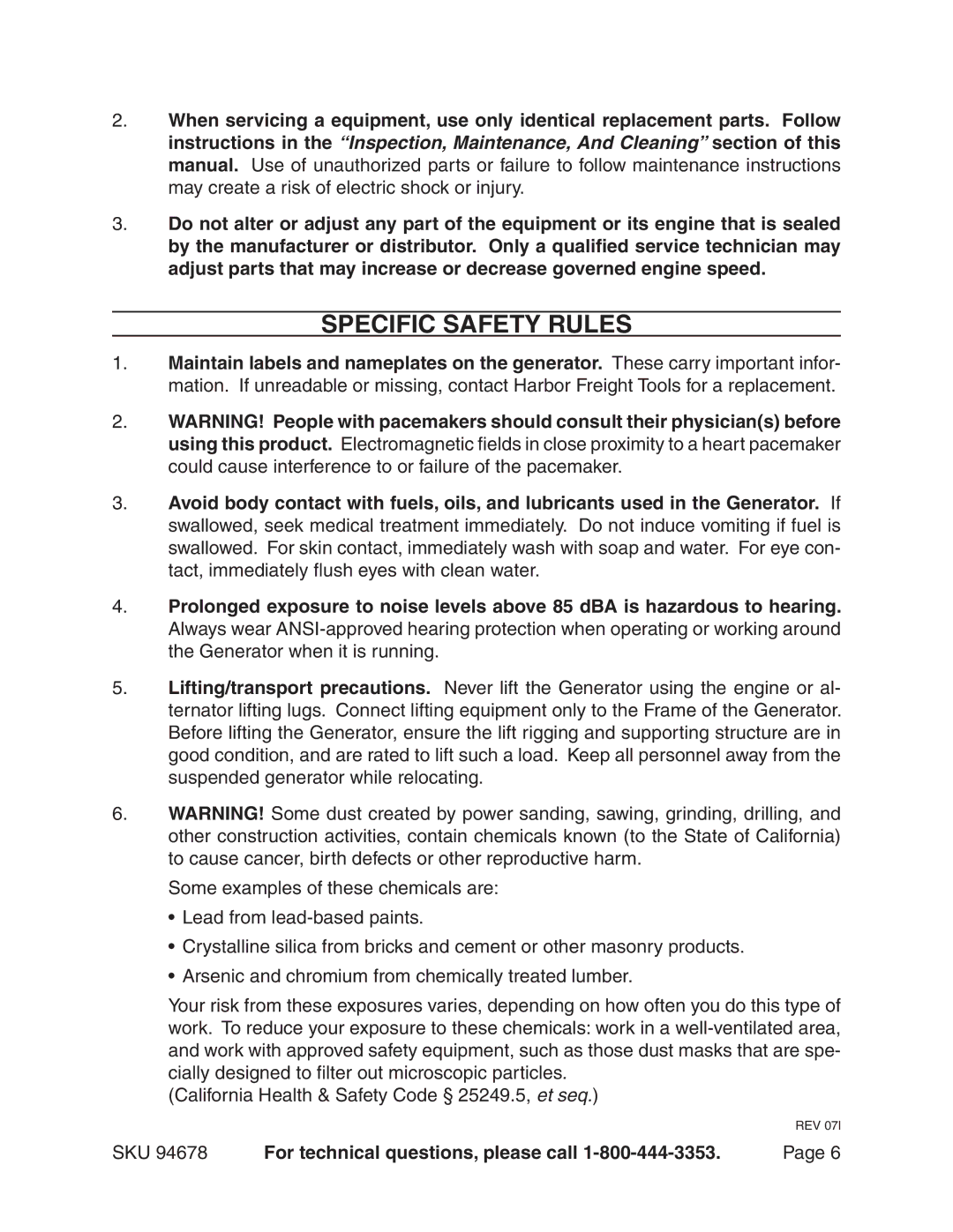 Chicago Electric 94678 manual Specific Safety Rules 