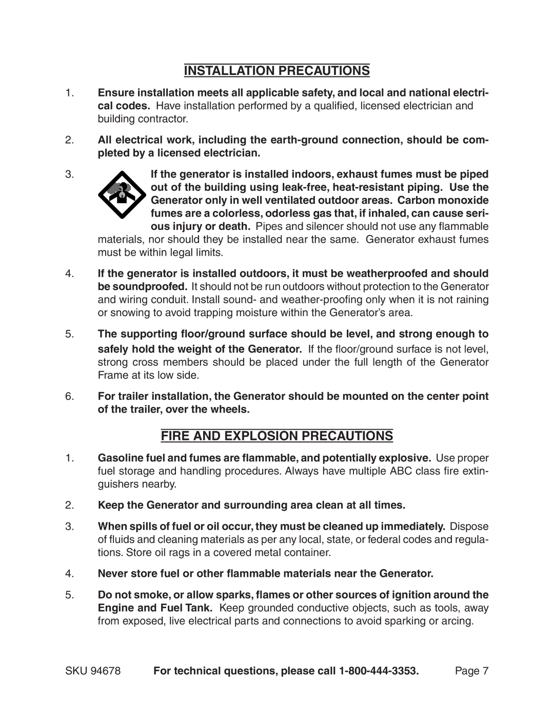 Chicago Electric 94678 manual Installation Precautions, Fire and Explosion Precautions 