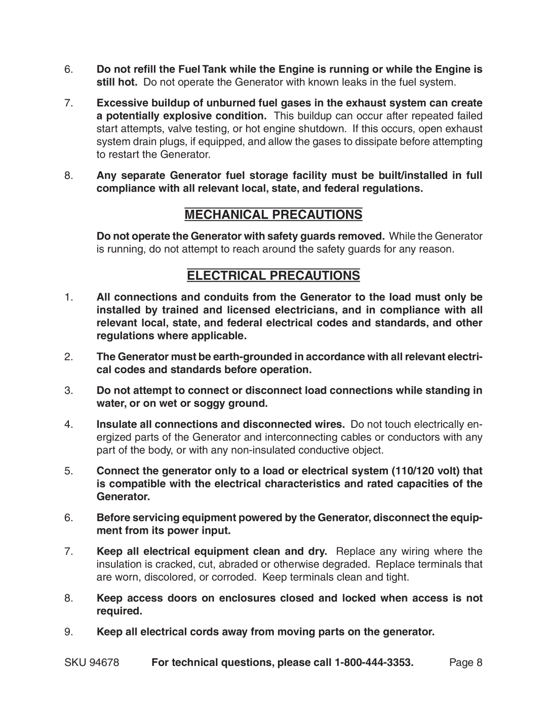 Chicago Electric 94678 manual Mechanical Precautions, Electrical Precautions 