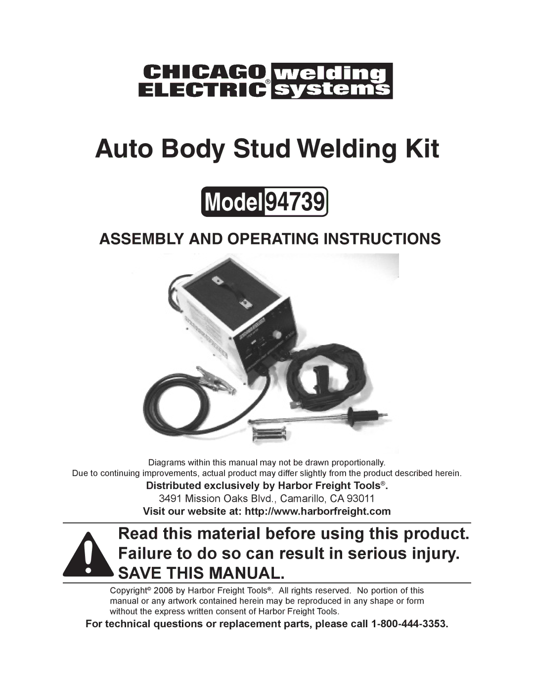 Chicago Electric operating instructions Auto Body Stud Welding Kit 94739 