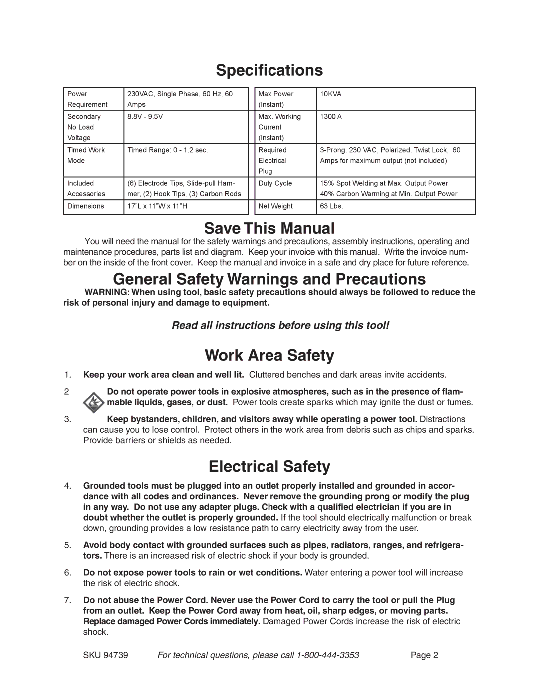 Chicago Electric 94739 Specifications, Save This Manual, General Safety Warnings and Precautions, Work Area Safety 