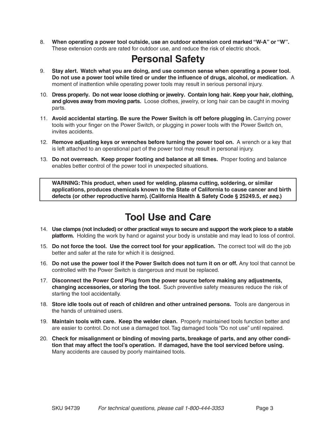 Chicago Electric 94739 operating instructions Personal Safety, Tool Use and Care 