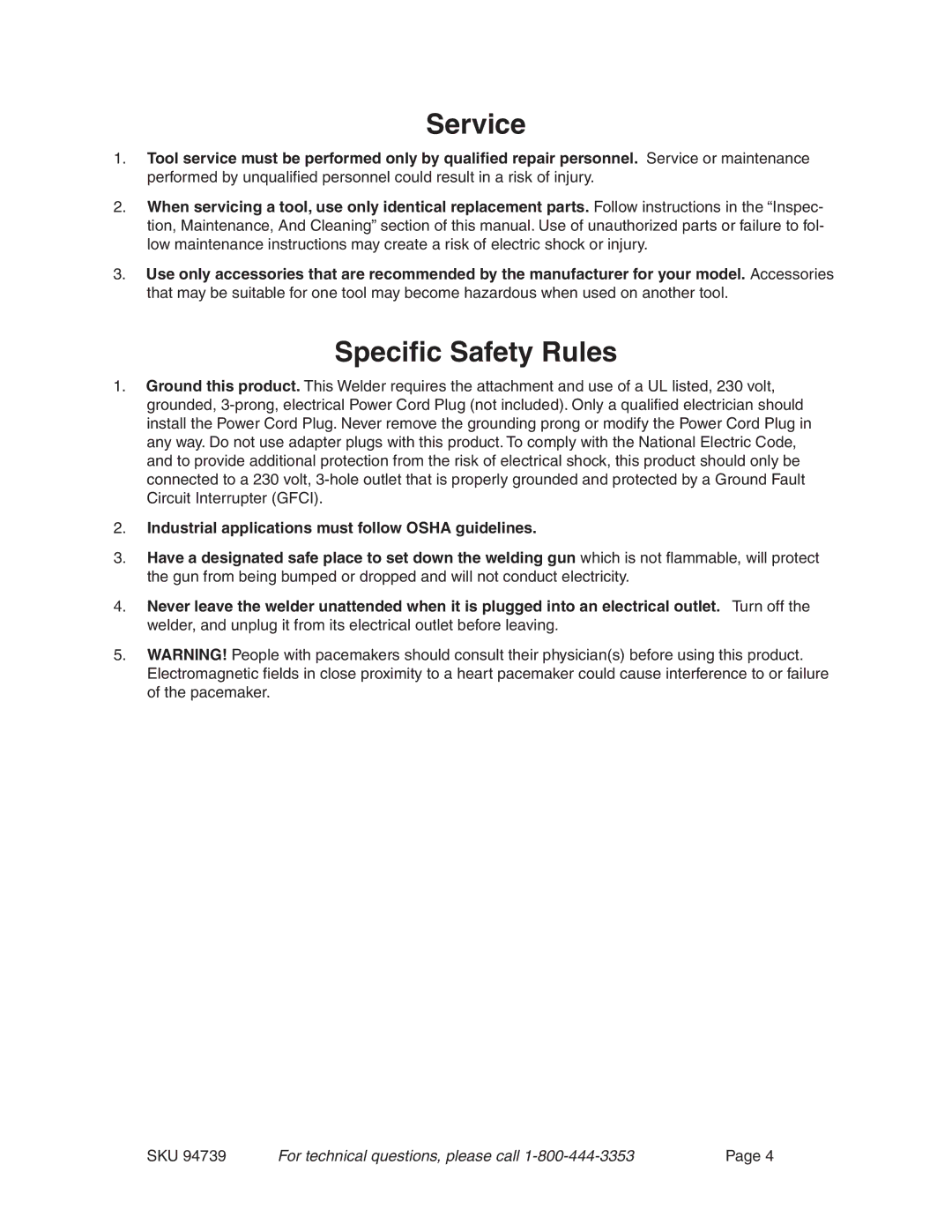 Chicago Electric 94739 operating instructions Service, Specific Safety Rules 