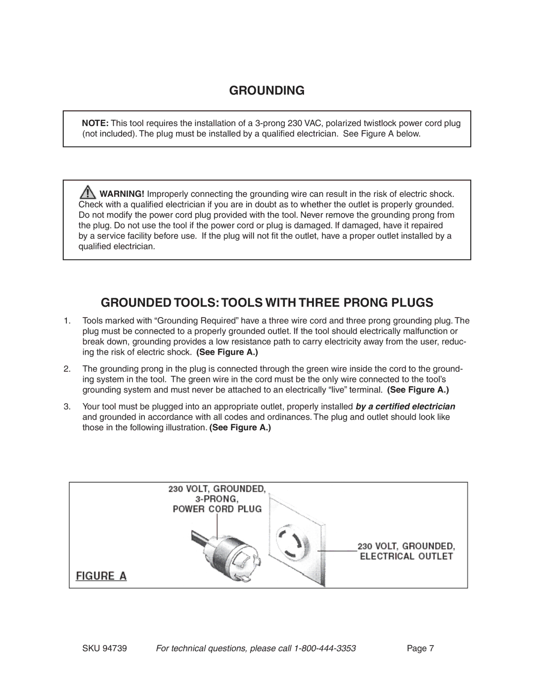 Chicago Electric 94739 operating instructions Grounding Grounded Tools Tools with Three Prong Plugs 