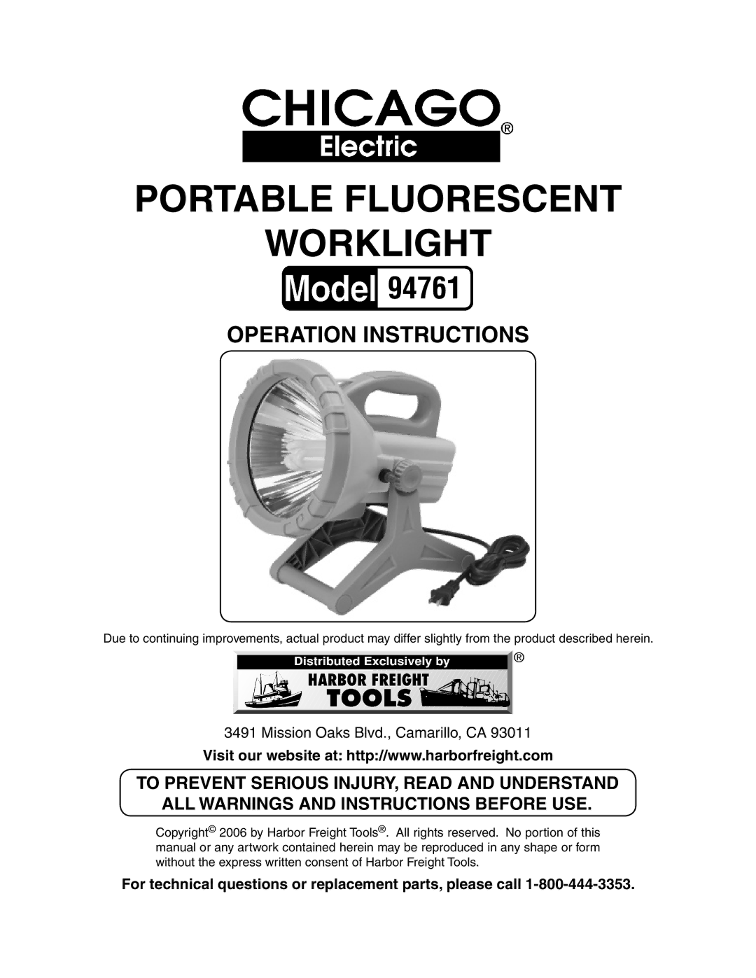 Chicago Electric 94761 manual Portable Fluorescent Worklight, For technical questions or replacement parts, please call 