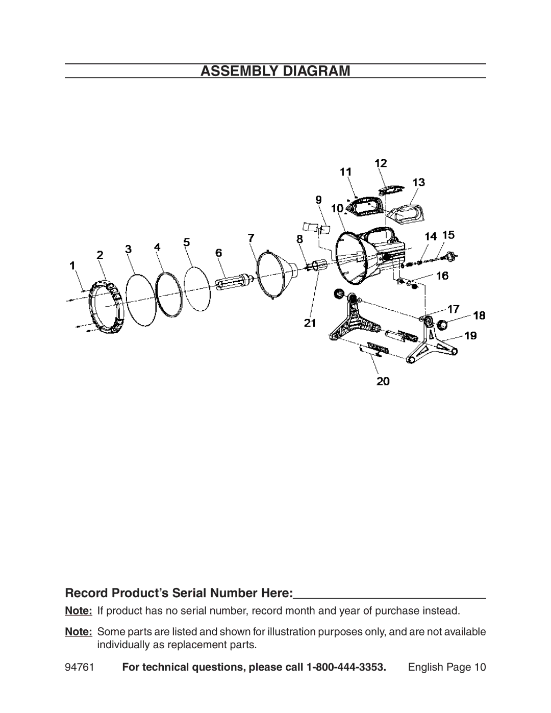 Chicago Electric 94761 manual Assembly Diagram, Record Product’s Serial Number Here 