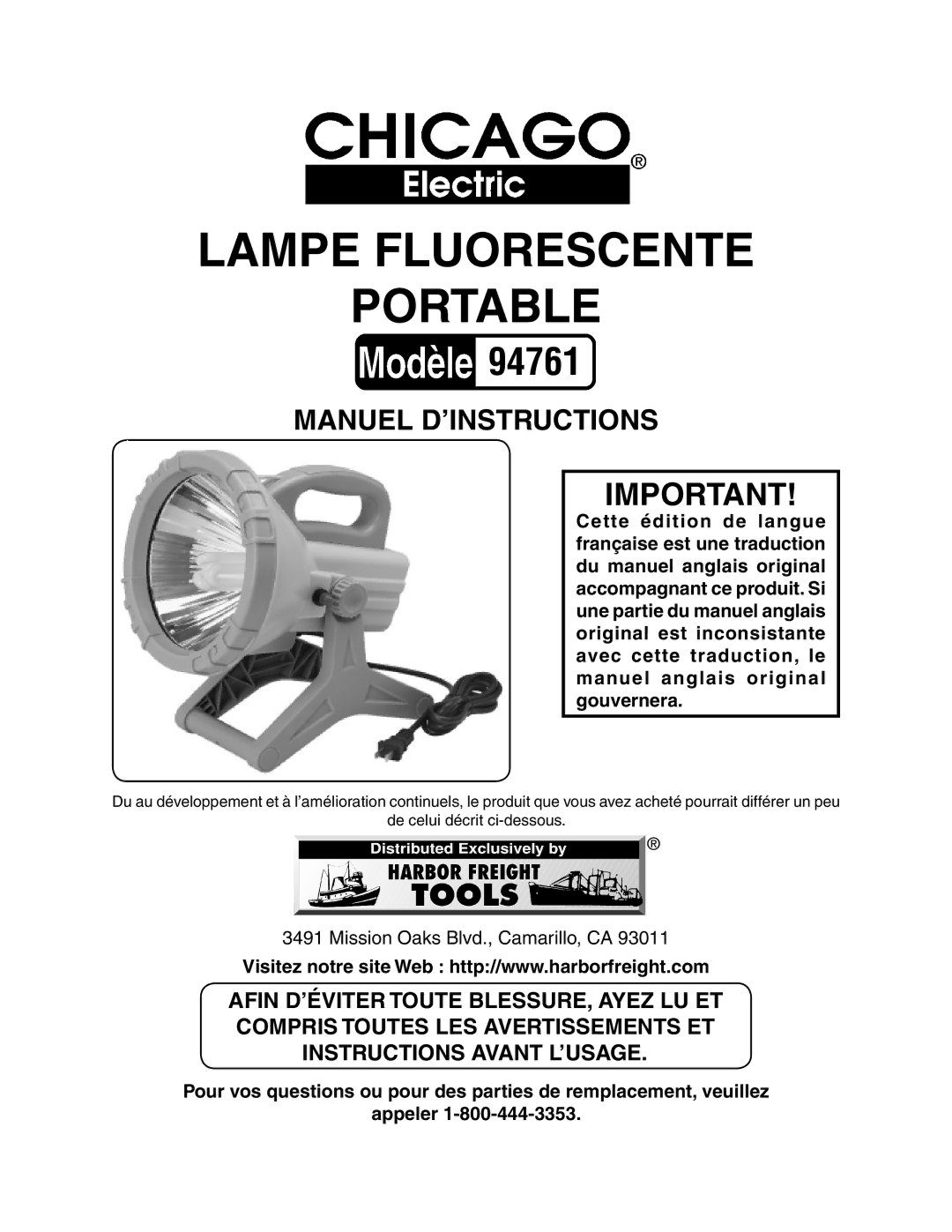 Chicago Electric 94761 manual Lampe Fluorescente Portable 