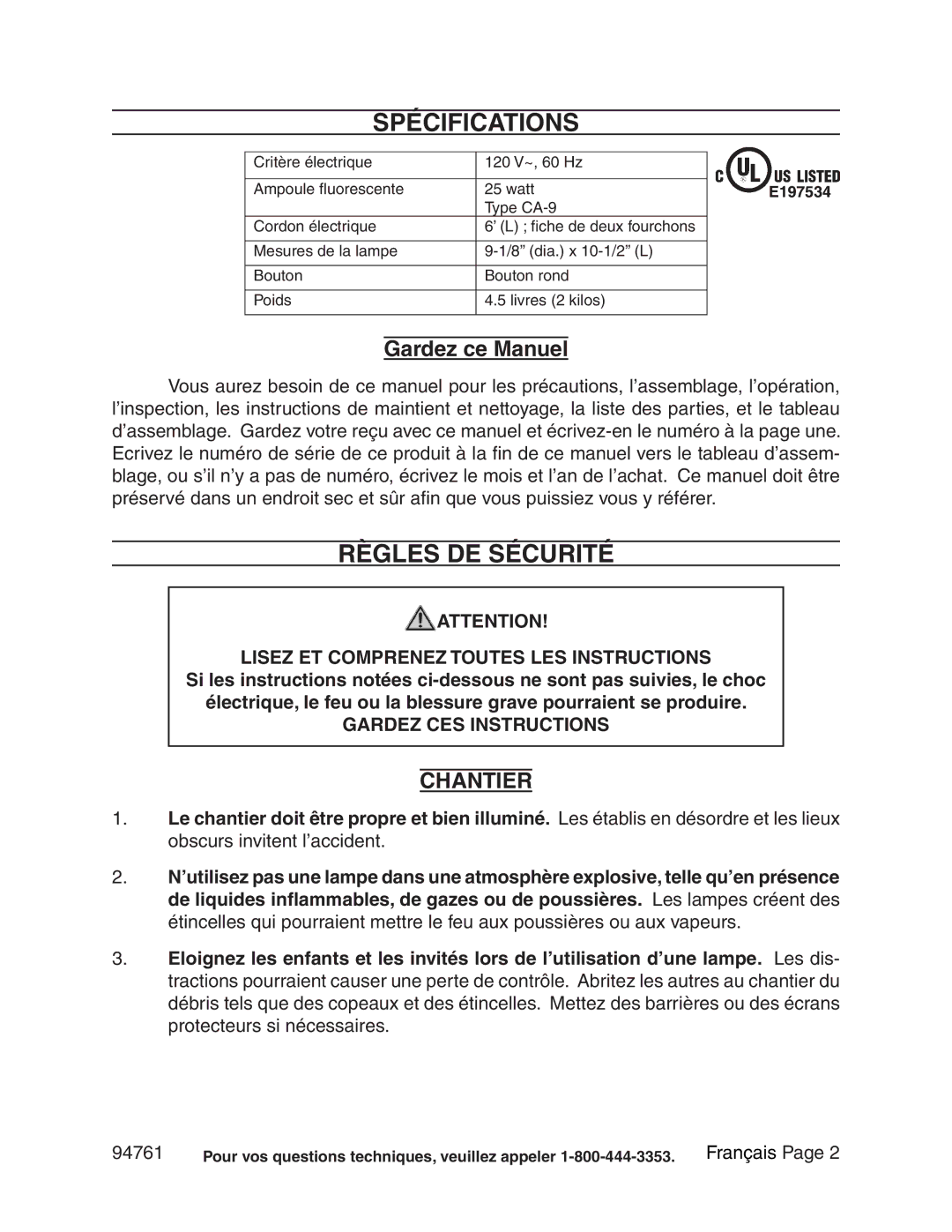 Chicago Electric 94761 manual Spécifications, Gardez ce Manuel, Chantier 