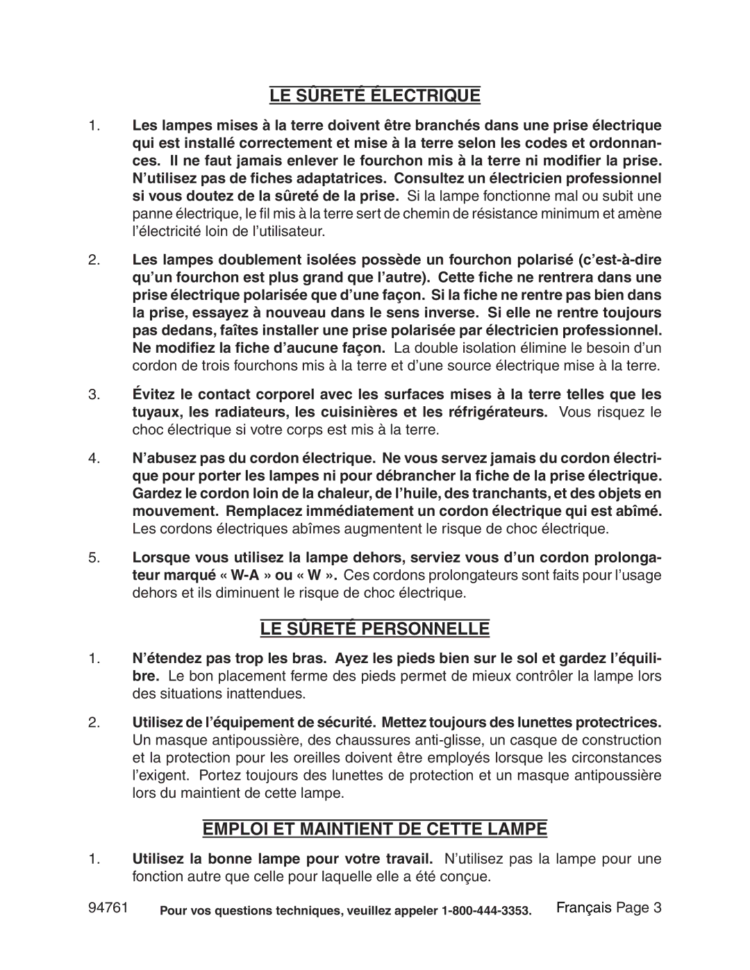 Chicago Electric 94761 manual Le Sûreté Électrique, Le Sûreté Personnelle, Emploi ET Maintient DE Cette Lampe 