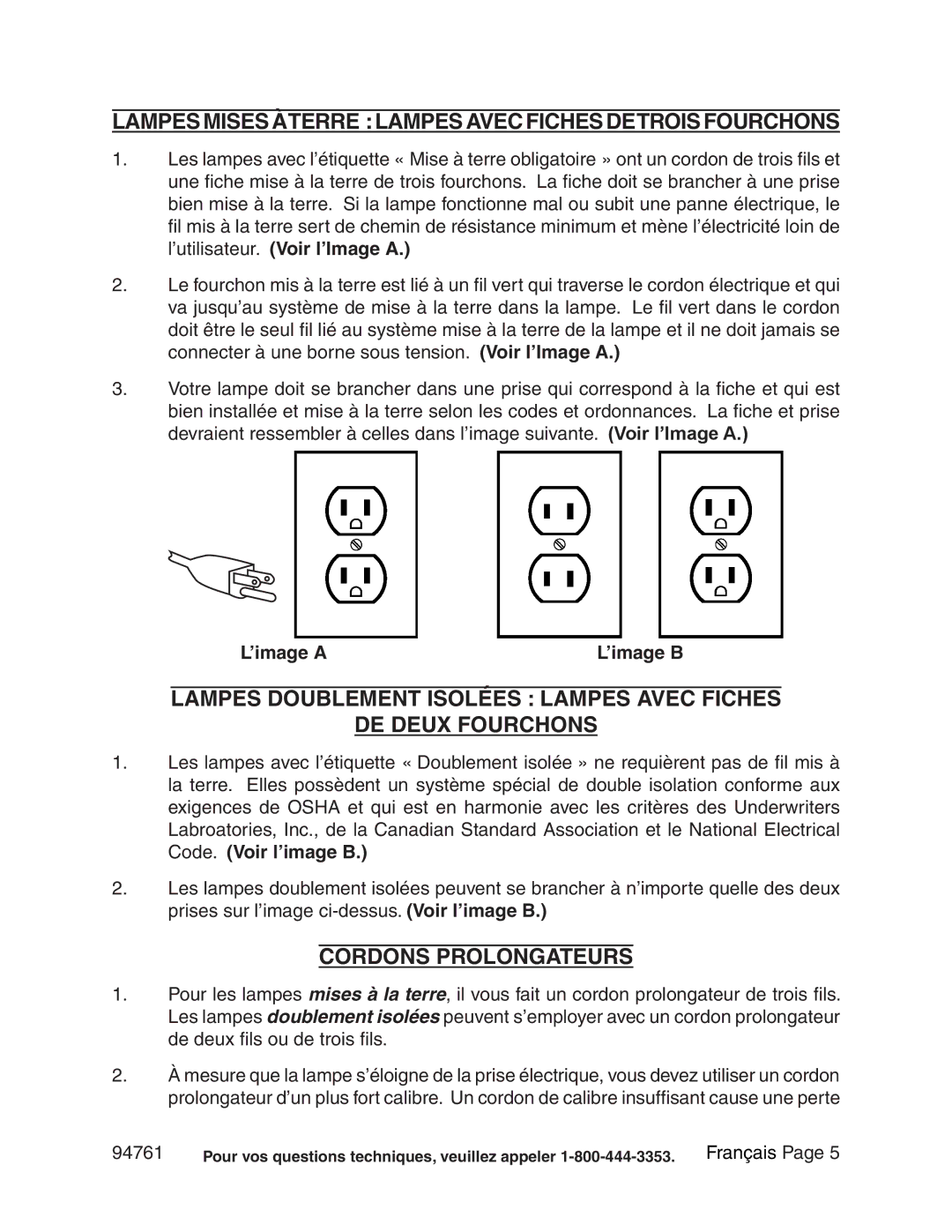 Chicago Electric 94761 manual Lampes Mises Àterre Lampes Avec Fiches Detrois Fourchons, Cordons Prolongateurs, ’image a 