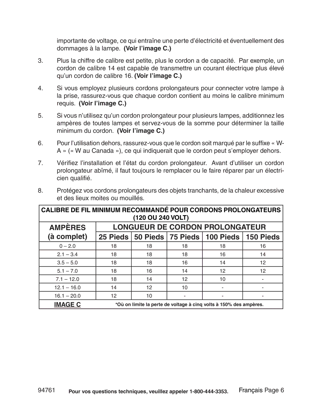 Chicago Electric 94761 manual Ampères Longueur DE Cordon Prolongateur, Complet, Pieds, 120 OU 240 Volt, Image C 