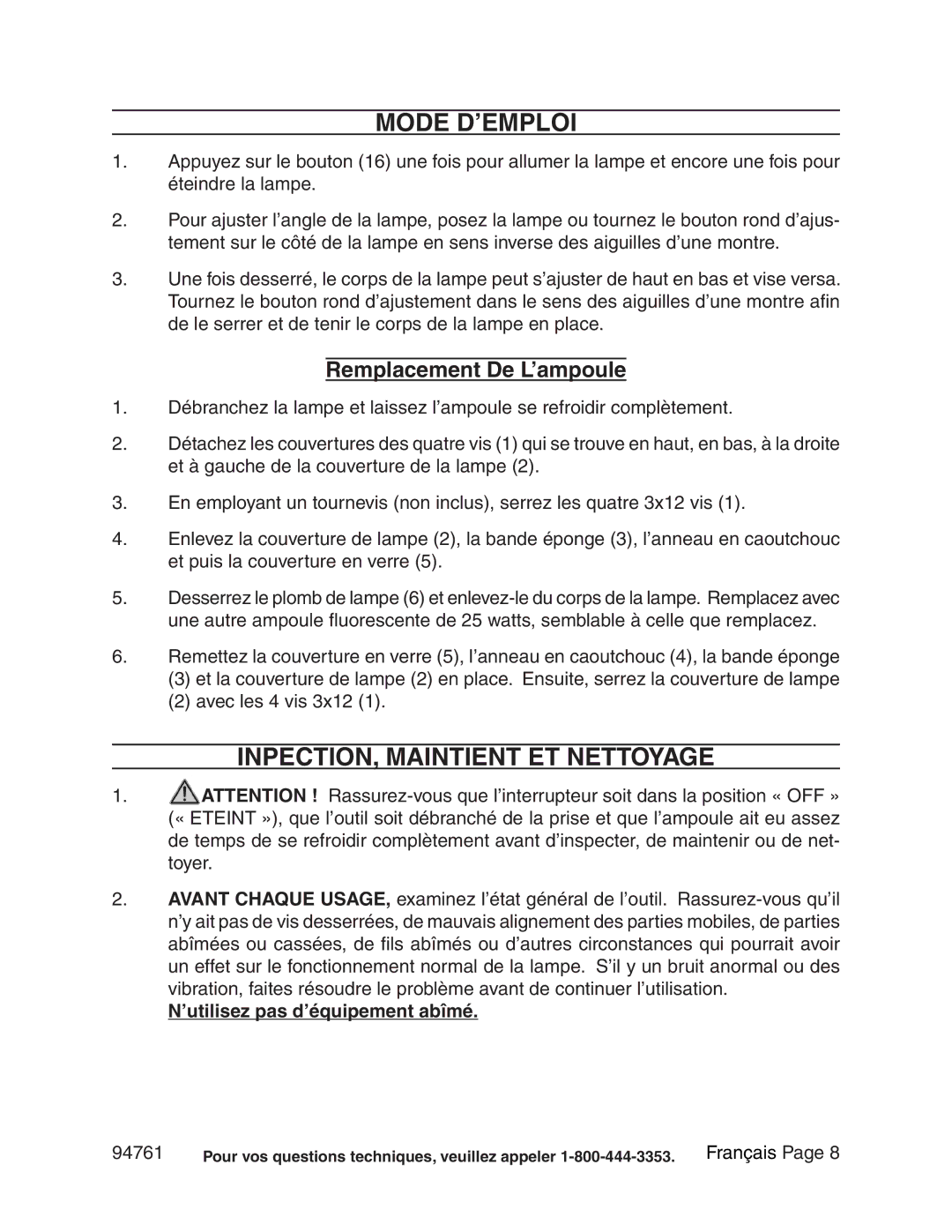 Chicago Electric 94761 manual Mode D’EMPLOI, INPECTION, Maintient ET Nettoyage, Remplacement De L’ampoule 