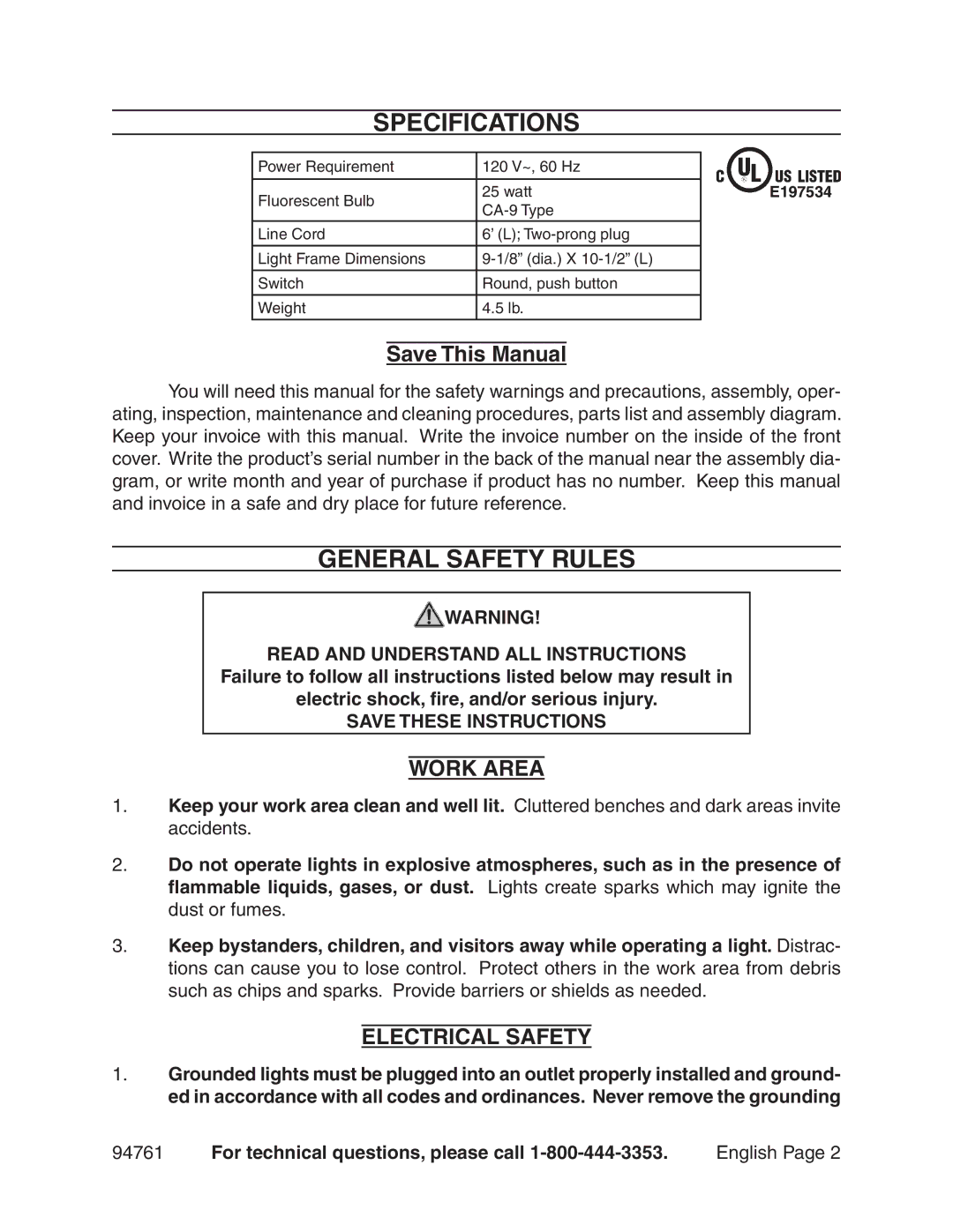 Chicago Electric 94761 manual General Safety Rules, Save This Manual, Work Area, Electrical Safety 