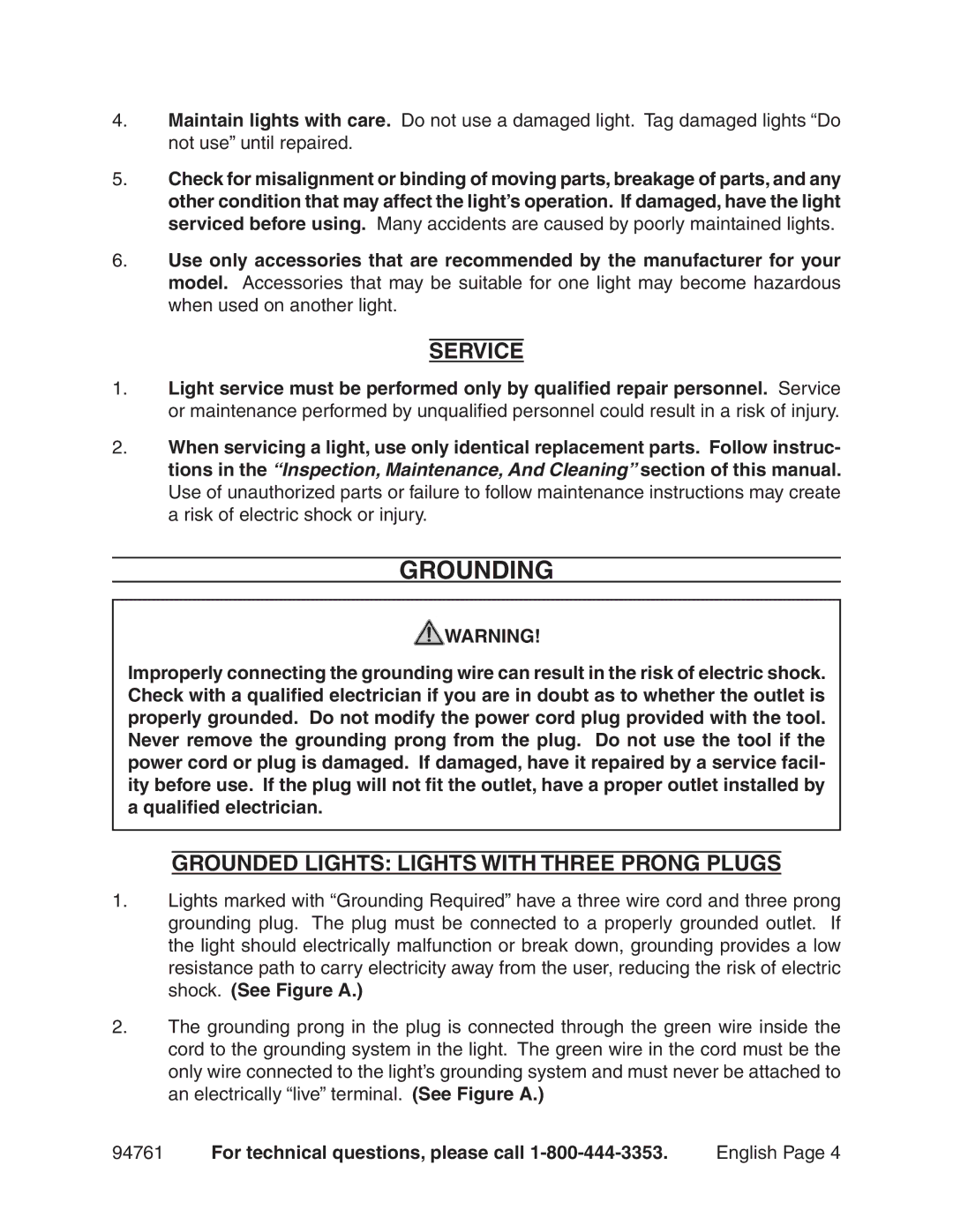 Chicago Electric 94761 manual Grounding, Service, Grounded Lights Lights With Three Prong Plugs 