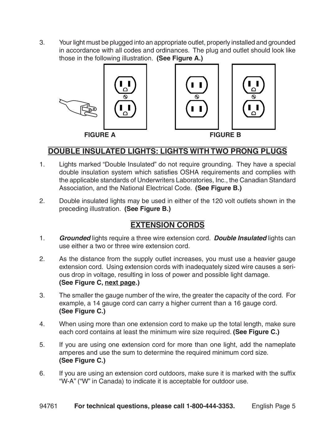 Chicago Electric 94761 manual Double Insulated Lights Lights With Two Prong Plugs, Extension Cords, See Figure C, next 