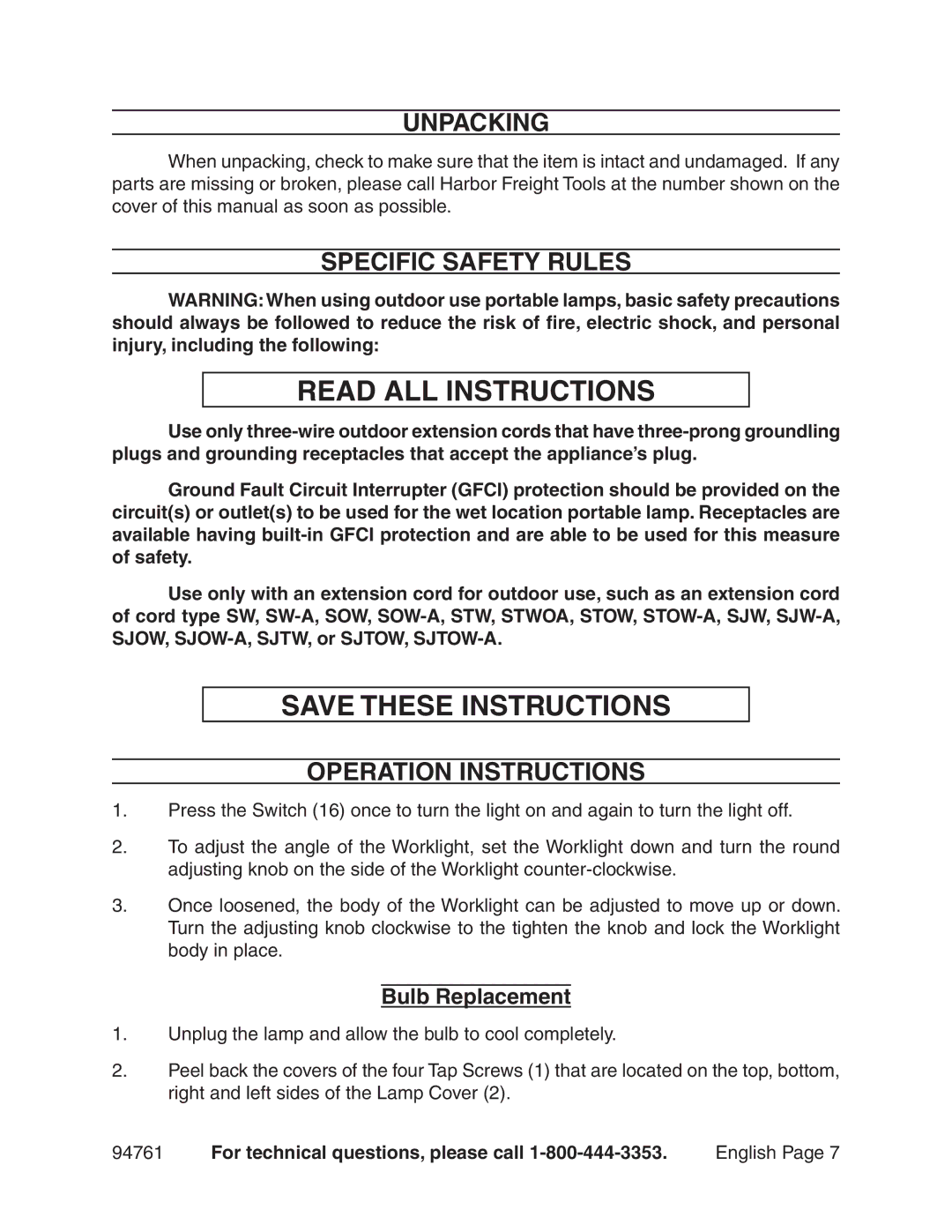 Chicago Electric 94761 manual Specific Safety Rules, Bulb Replacement 