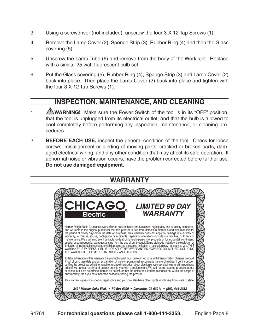 Chicago Electric 94761 manual INSPECTION, MAINTENANCE, and Cleaning, Do not use damaged equipment 