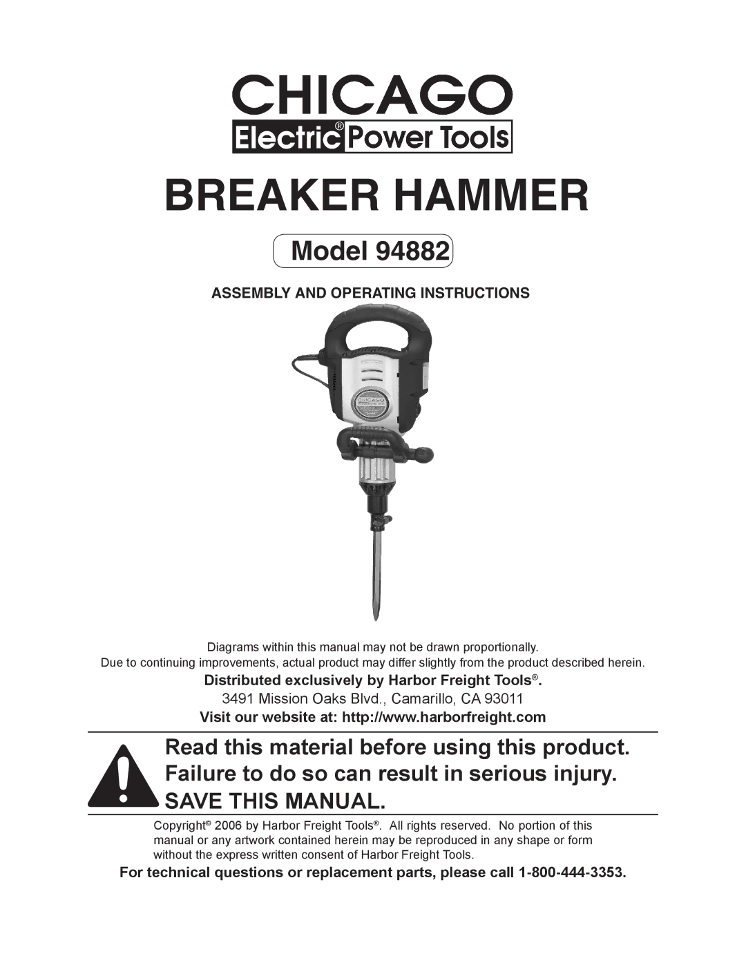 Chicago Electric 94882 operating instructions Breaker Hammer, Assembly and Operating Instructions 