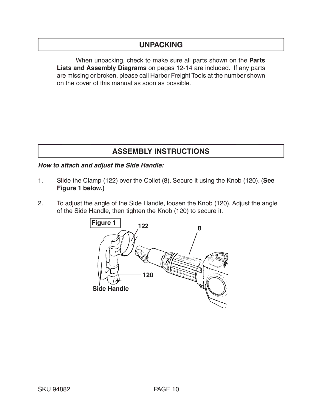 Chicago Electric 94882 operating instructions Unpacking, Assembly Instructions, 1228 120 Side Handle 