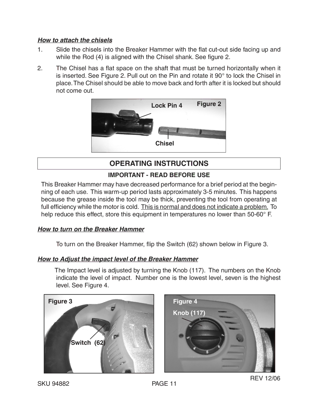 Chicago Electric 94882 operating instructions Operating Instructions, Lock Pin Chisel, Important Read before use, Switch 