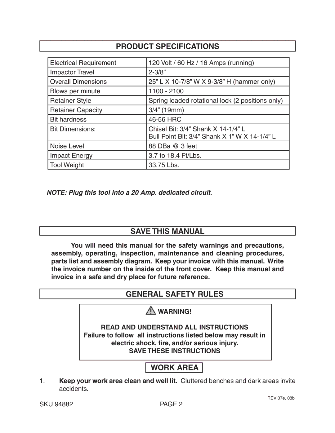 Chicago Electric 94882 operating instructions Product Specifications, Save this Manual, General Safety Rules, Work Area 