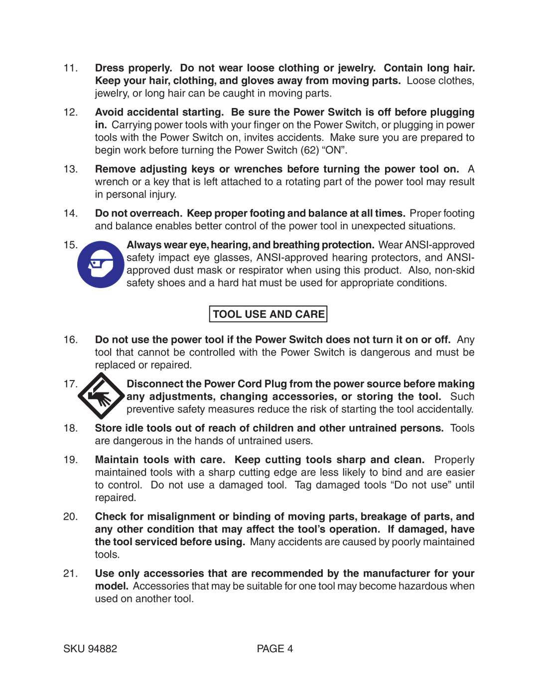 Chicago Electric 94882 operating instructions Tool USE and Care 