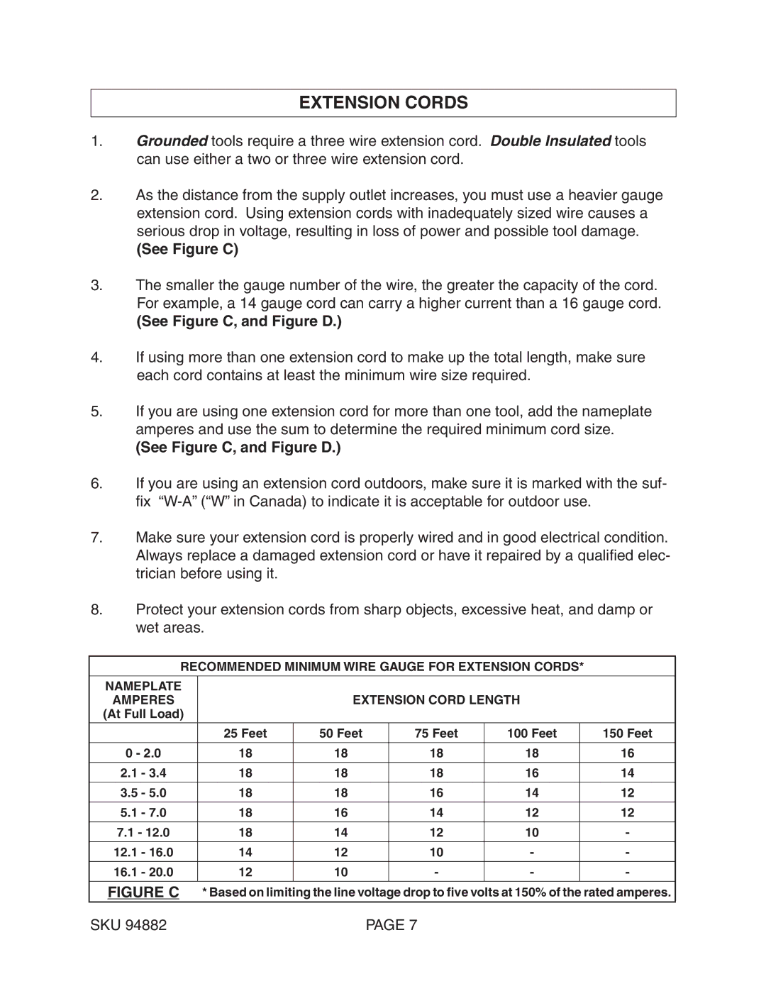 Chicago Electric 94882 operating instructions Extension Cords, See Figure C, and Figure D 