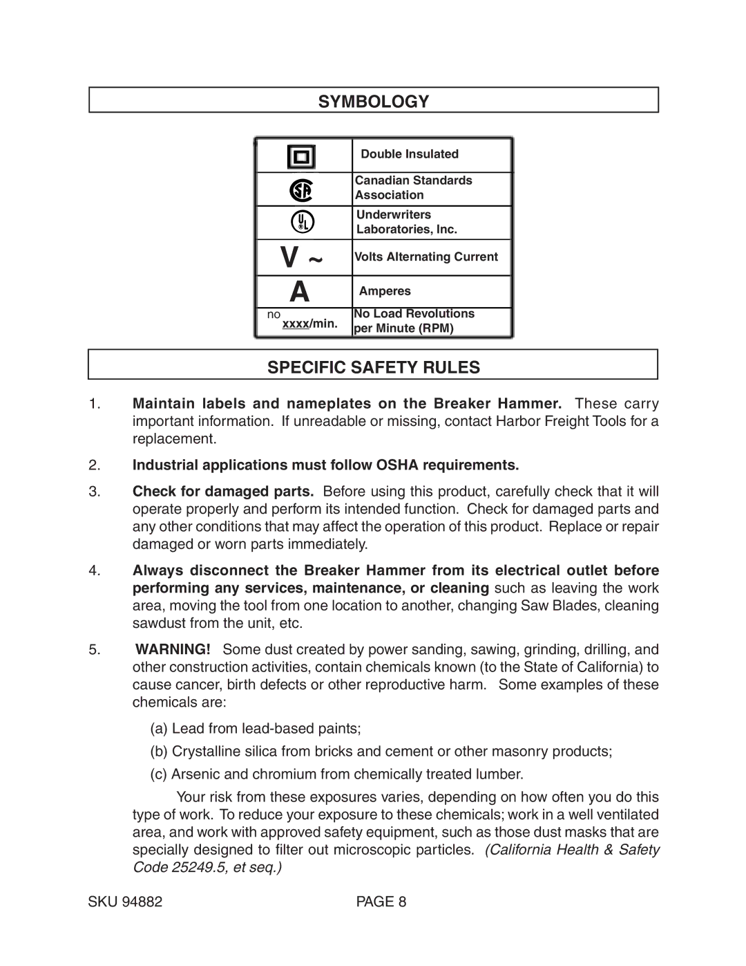 Chicago Electric 94882 Symbology, Specific Safety Rules, Industrial applications must follow Osha requirements 