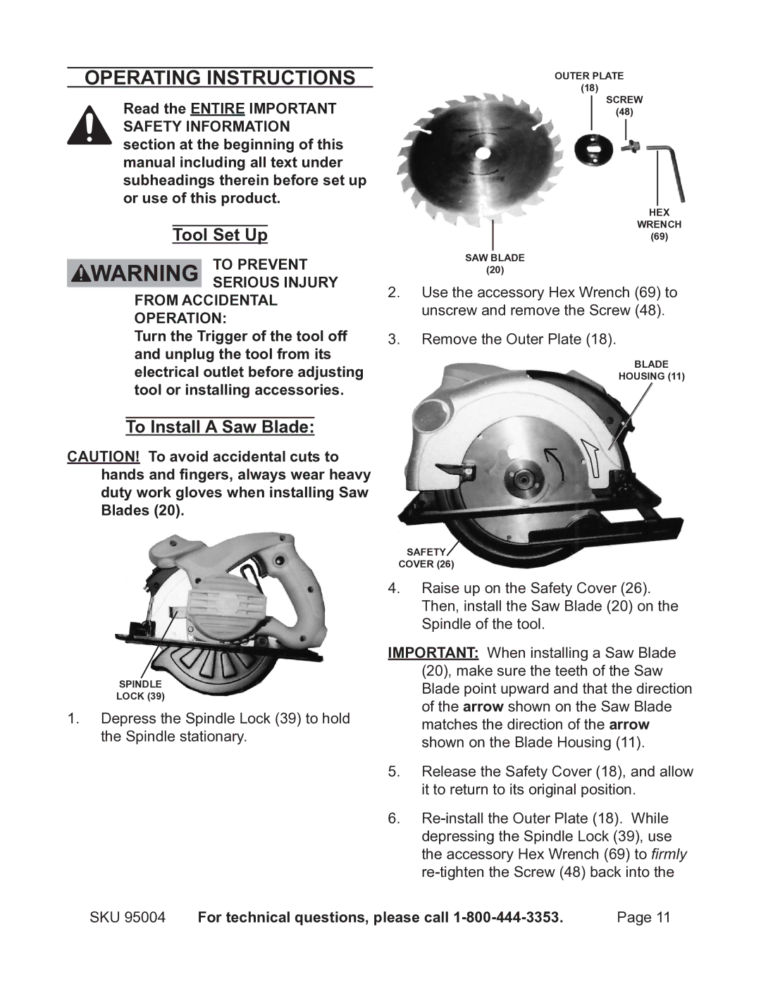 Chicago Electric 95004 operating instructions Operating Instructions, Tool Set Up, To Install a Saw Blade 