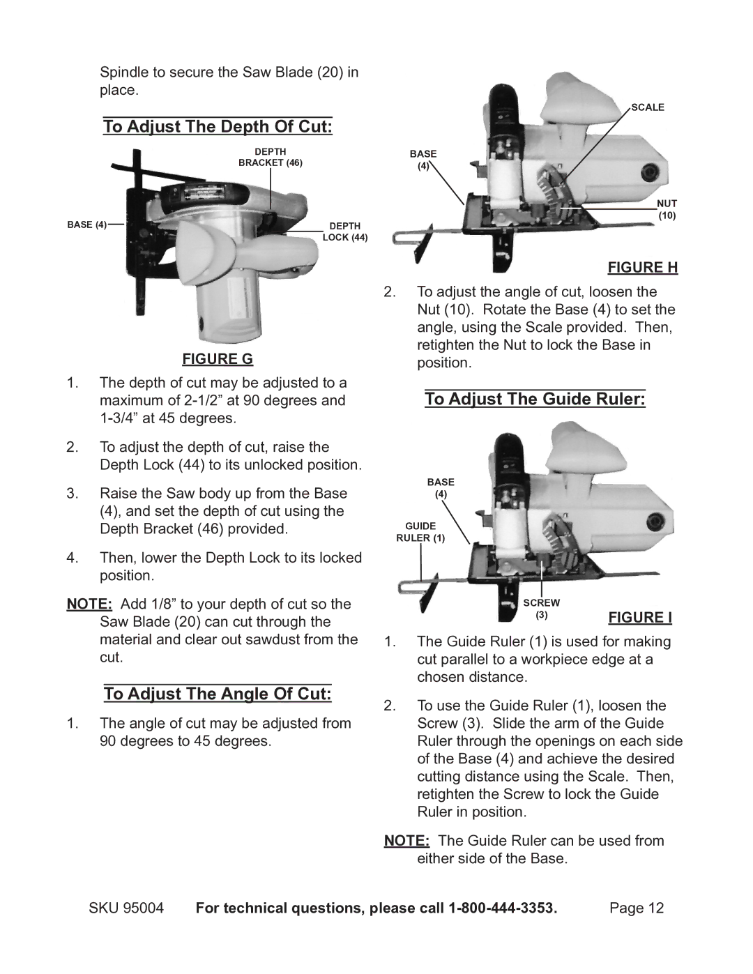 Chicago Electric 95004 To Adjust The Depth Of Cut, To Adjust The Angle Of Cut, To Adjust The Guide Ruler 