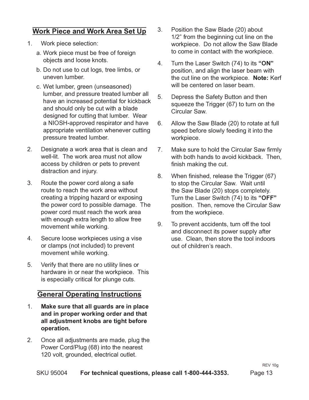 Chicago Electric 95004 operating instructions Work Piece and Work Area Set Up, General Operating Instructions 