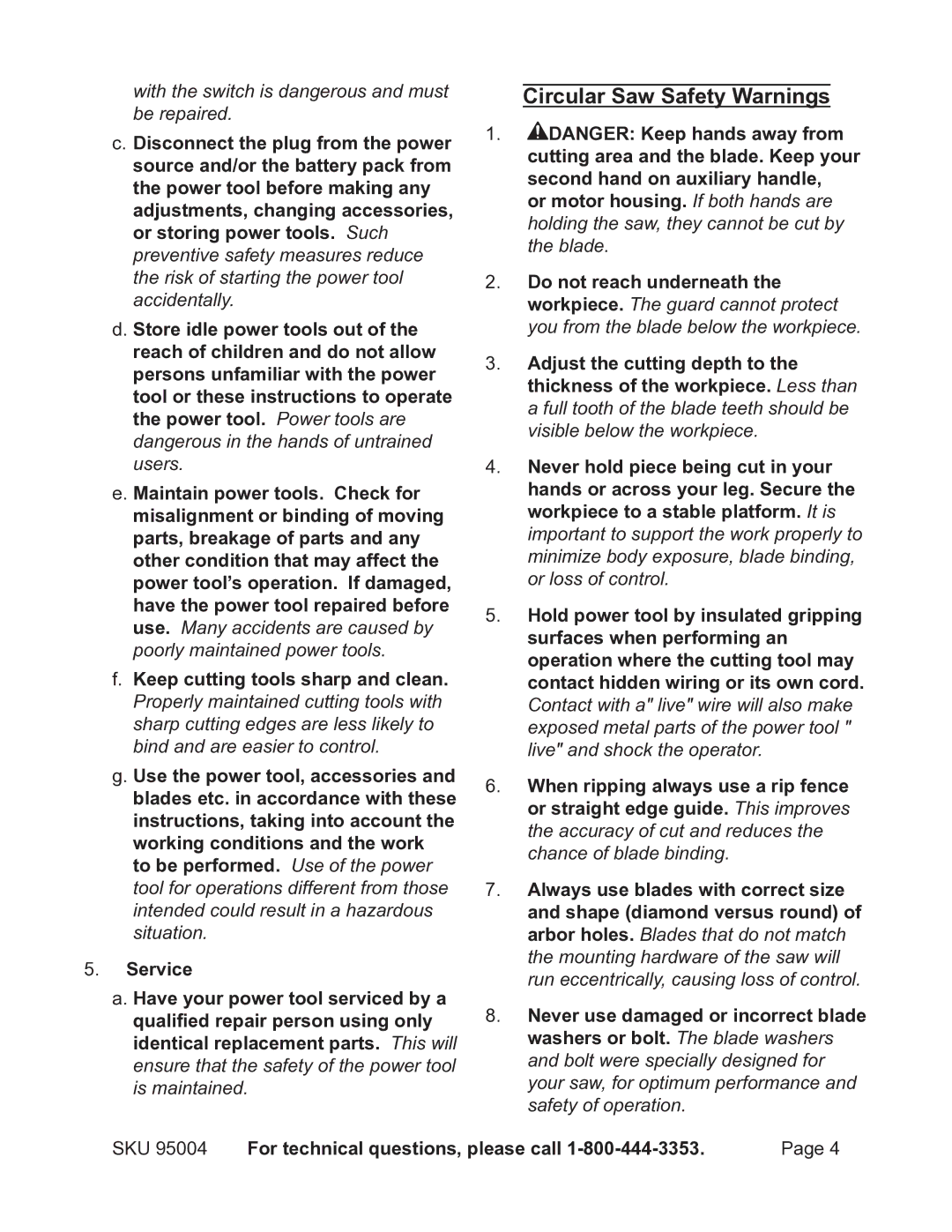 Chicago Electric 95004 operating instructions Circular Saw Safety Warnings 