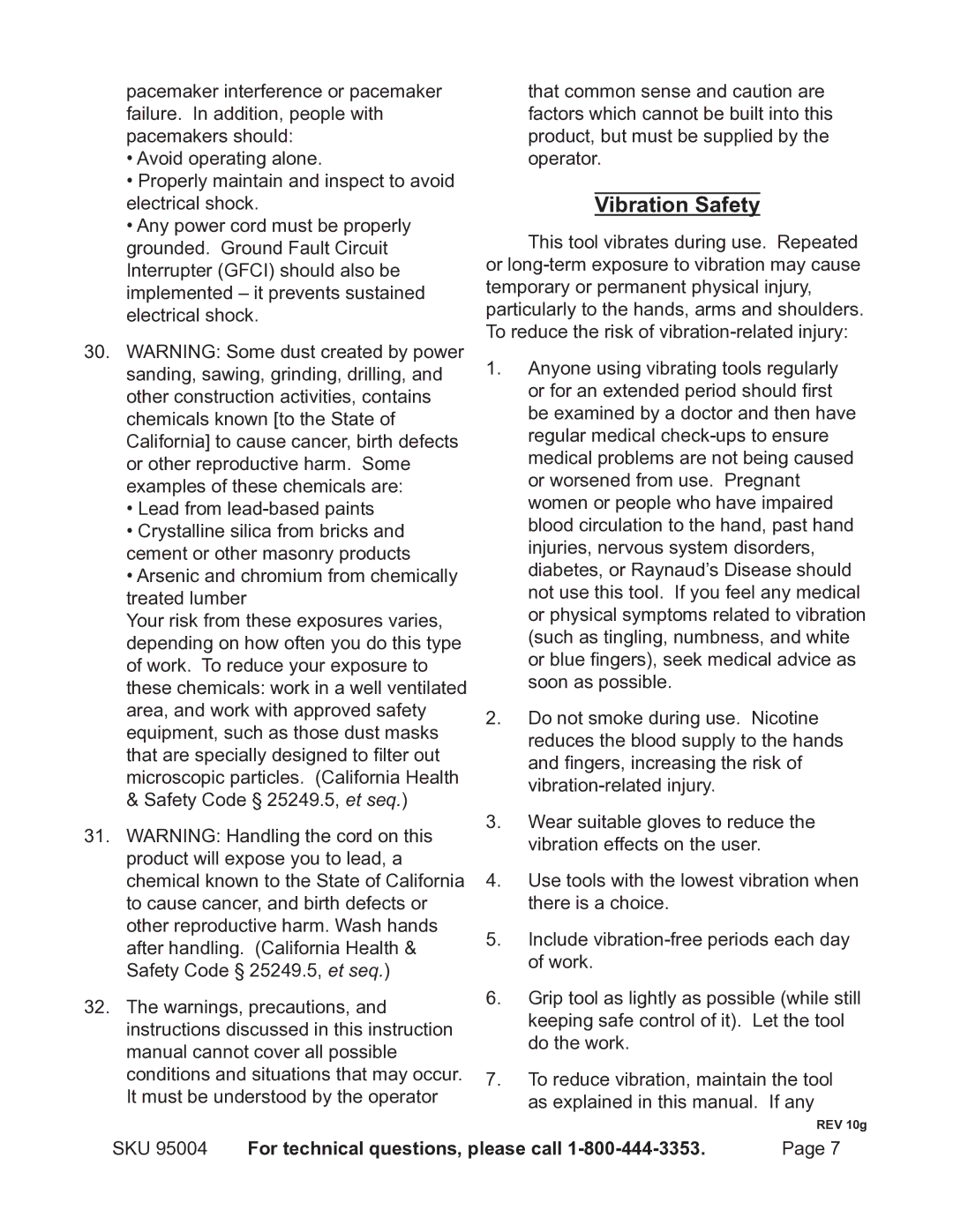 Chicago Electric 95004 operating instructions Vibration Safety 