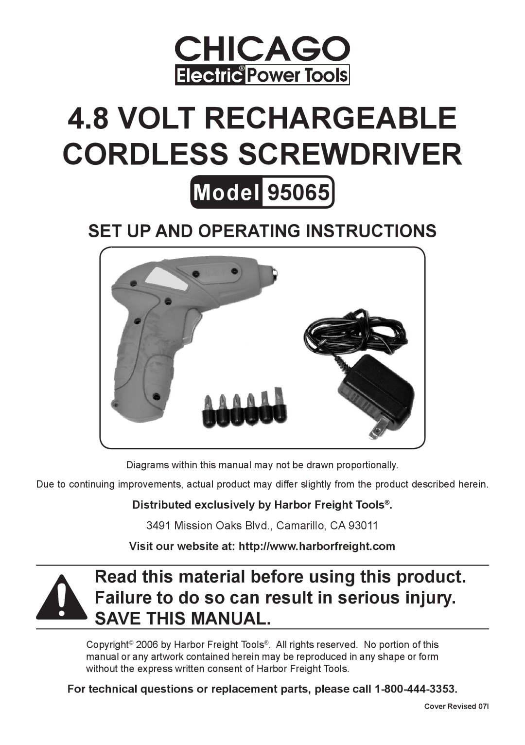 Chicago Electric 95065 operating instructions Volt Rechargeable Cordless Screwdriver 