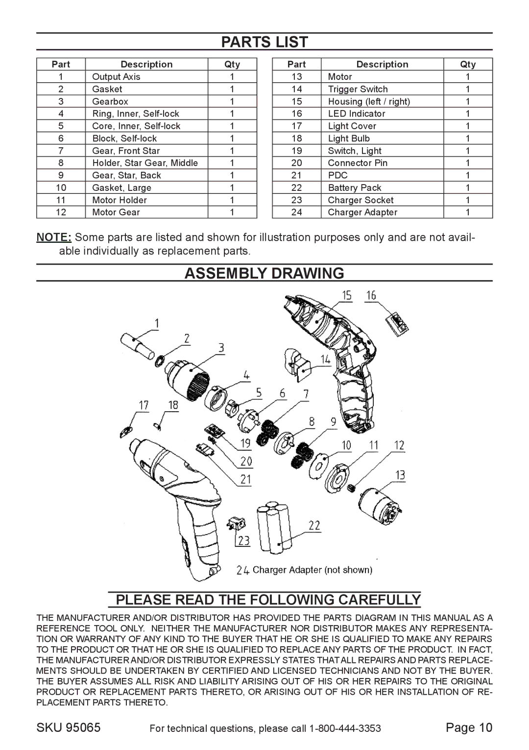 Chicago Electric 95065 operating instructions Parts List, Assembly Drawing 