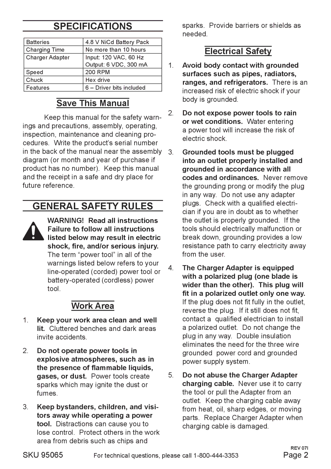 Chicago Electric 95065 Specifications, General Safety Rules, Save This Manual, Work Area, Electrical Safety 