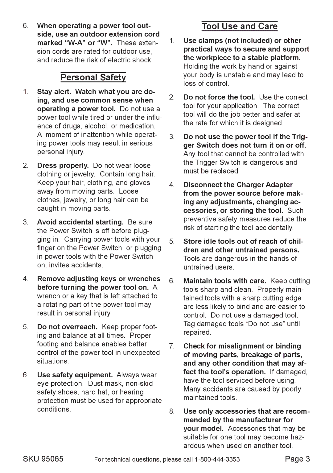 Chicago Electric 95065 operating instructions Personal Safety, Tool Use and Care 