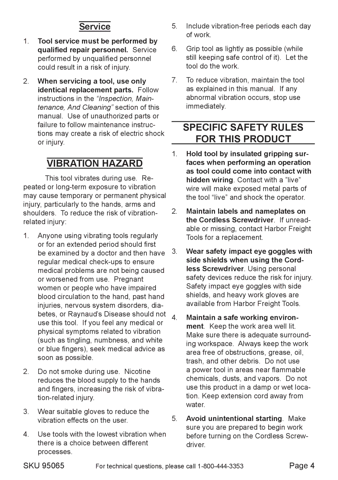 Chicago Electric 95065 operating instructions Vibration Hazard, Specific Safety Rules For this Product, Service 