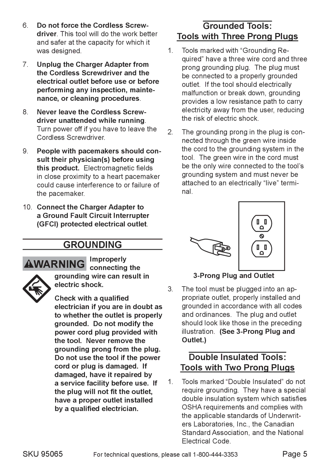 Chicago Electric 95065 operating instructions Grounding, Grounded Tools Tools with Three Prong Plugs 