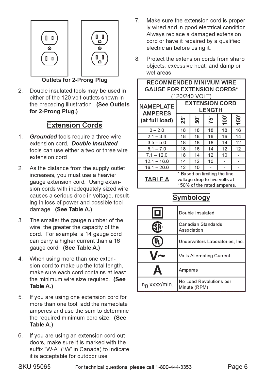 Chicago Electric 95065 operating instructions Extension Cords, Symbology 