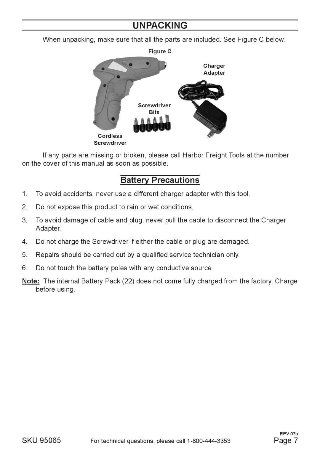 Chicago Electric 95065 operating instructions Unpacking, Battery Precautions 