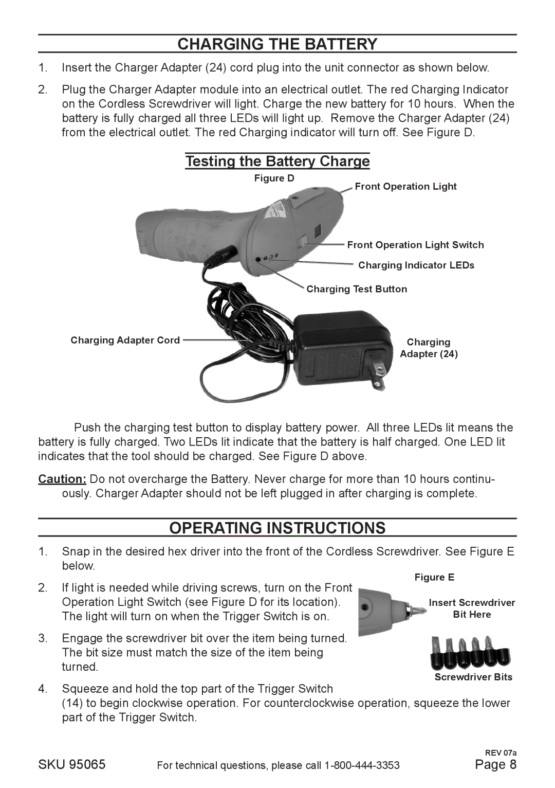 Chicago Electric 95065 operating instructions Charging the Battery, Operating instructions, Testing the Battery Charge 