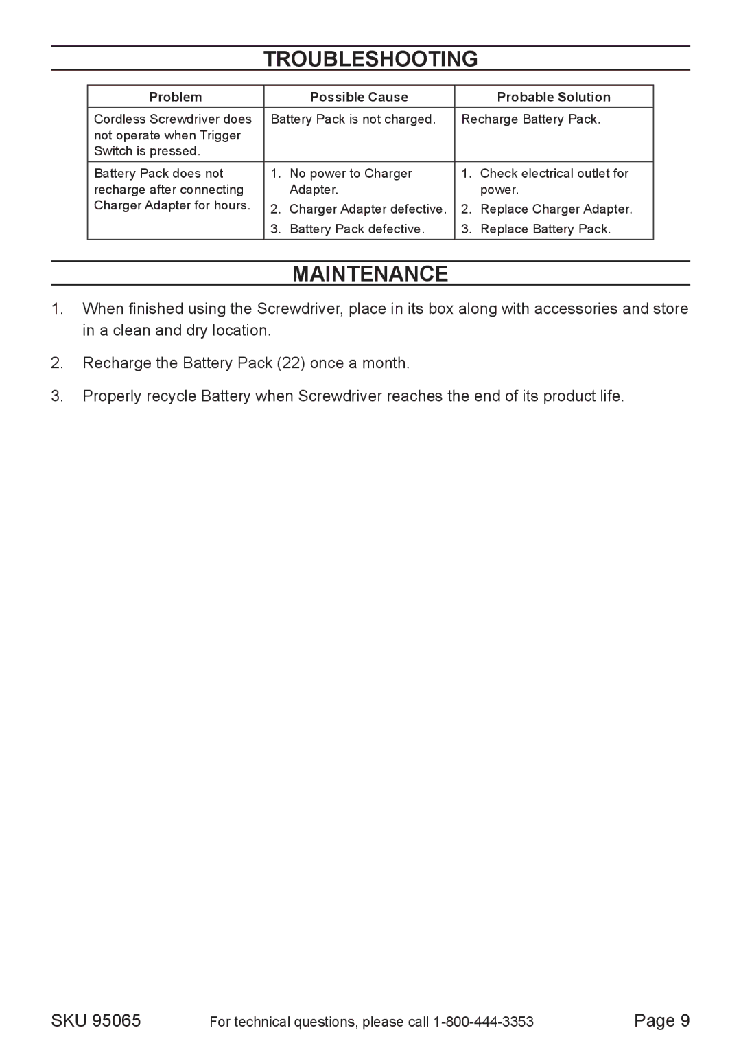 Chicago Electric 95065 operating instructions Troubleshooting, Maintenance 