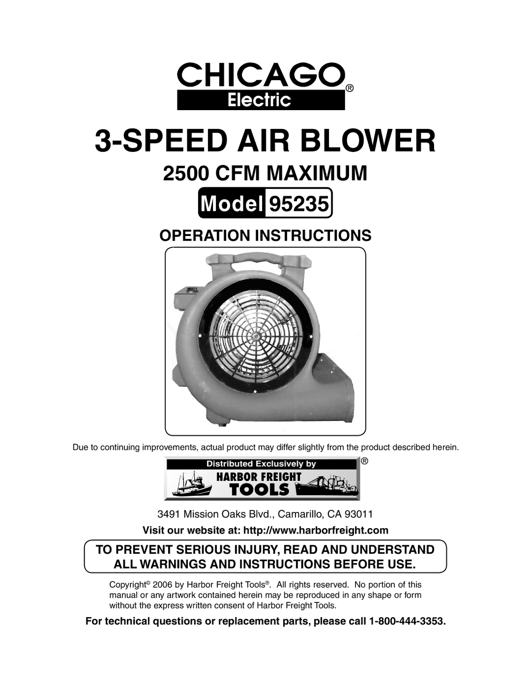 Chicago Electric 95235 manual Speed AIR Blower, For technical questions or replacement parts, please call 